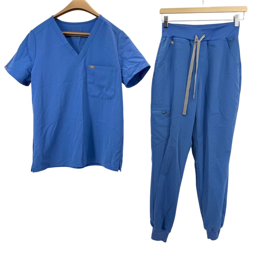 FIGS Women's Ceil Blue Casma V-Neck Top Small & Zamora Jogger Scrub XSmall Set